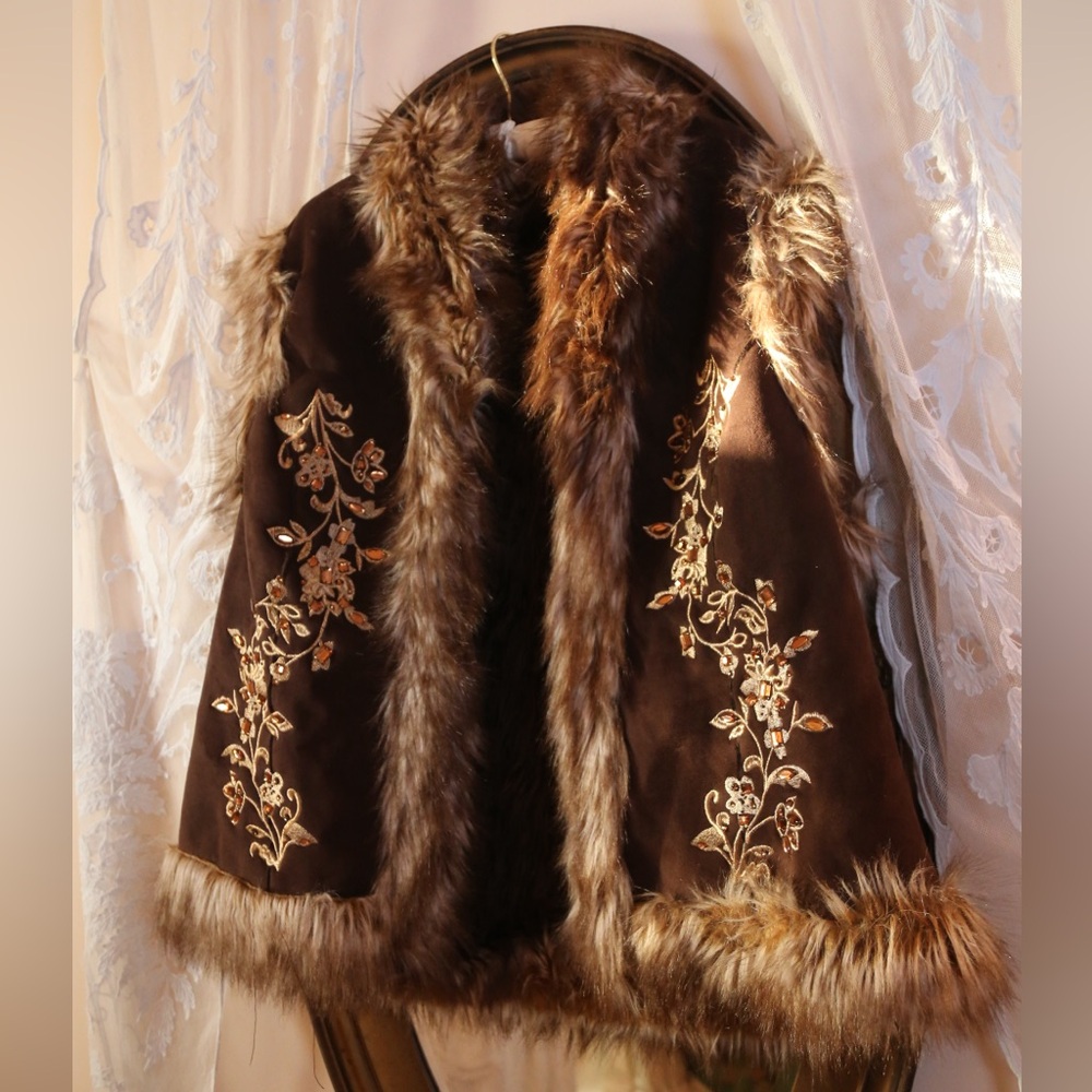 Vintage Y2K Faux Fur and Suede Embroidered Vest